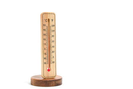 Wooden outdoor thermometer is mounted wooden stand white backgroundの写真素材
