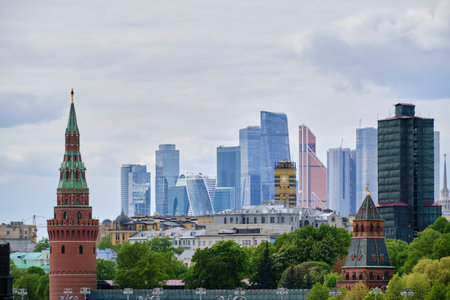 Moscow Russia 11.05.2023. Kremlin Tower on background Moscow City residential complexのeditorial素材