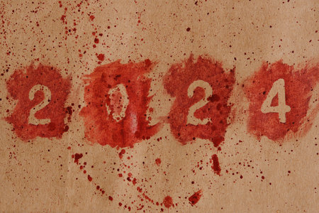 Bloody print 2024 on paper splattered with bloodの写真素材