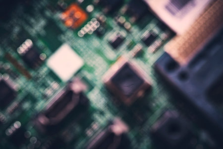 Electronic board with microchips in closeupの写真素材