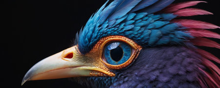 Close-up portrait of a blue parrot on black background.の素材