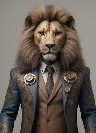 Portrait of a lion in a suit and tie. Studio shot.の素材