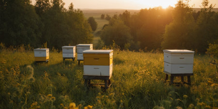 Beehives in the field at sunset. Beekeeping concept.の素材