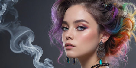 Beautiful young woman with colorful hair and smoke on a dark backgroundの素材
