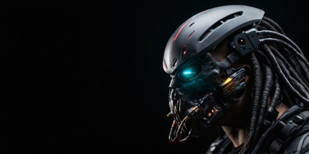 Cyborg in a helmet and armor on a dark background. 3d rendering.の素材