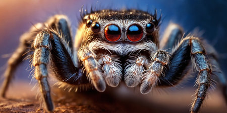 jumping spider macro close up with lens flare and blue sky backgroundの素材