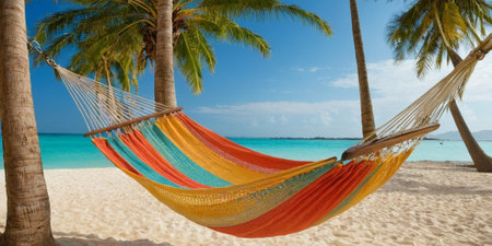 Hammock on the beach with palm trees and turquoise waterの素材