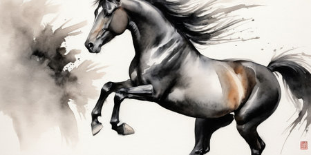 Horse painting with watercolors on white background. Digital illustration.の素材