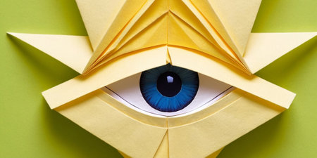 Paper origami cat with blue eyes on green background, close upの素材