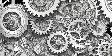 Mechanical background with gears and cogwheels. 3D renderingの素材