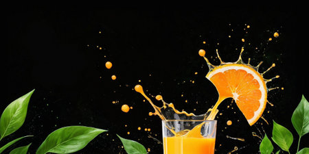 Fresh orange juice splashing into glass with splash isolated on black backgroundの素材