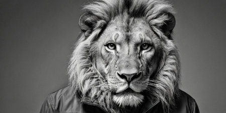 Black and white portrait of a male lion in a leather jacket.の素材