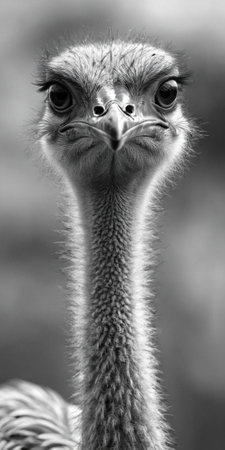 Ostrich head close-up, black and white photo.の素材