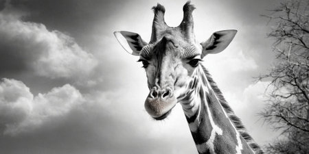 Giraffe head on cloudy sky background. Black and white.の素材