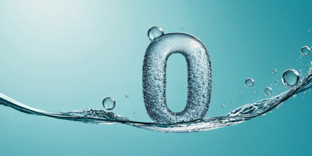 Number 0 in water with bubbles on blue background. 3d illustrationの素材