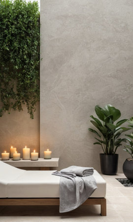 Luxury spa room interior with massage table, candles and plantsの素材