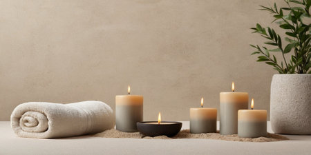 Spa still life with burning candles, towel and plant on sandの素材
