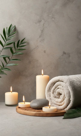 Spa composition with burning candles, towel and green leaves on light backgroundの素材