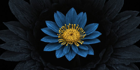 Black and blue lotus flower with yellow pollen on black background.の素材