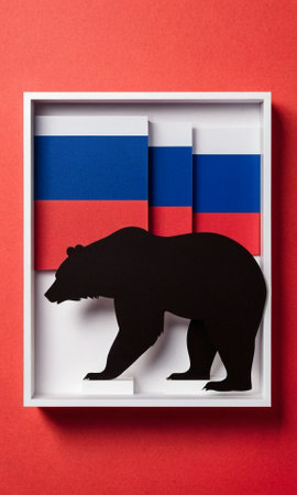 Polar bear and Russian flag in a white frame on a red backgroundの素材