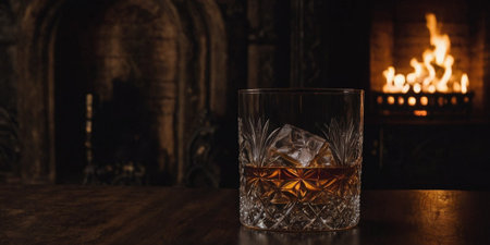 Whiskey with ice on a wooden table in front of a fireplaceの素材