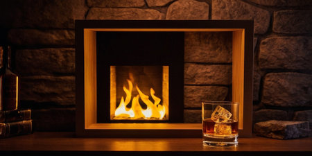 Glass of whiskey on a wooden table in front of a burning fireplaceの素材