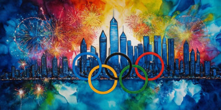 New York City skyline with colorful fireworks over watercolor painting background.の素材