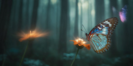 Butterfly and flower in the morning. Beautiful nature scene.の素材