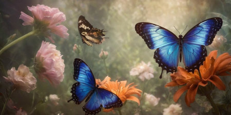 Butterflies on flowers in the meadow. Floral backgroundの素材