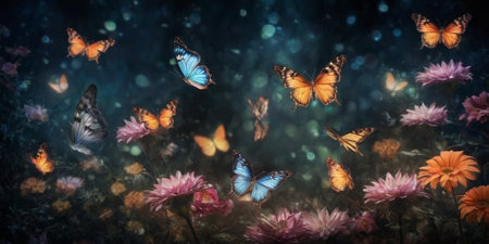 Butterflies flying over pink chrysanthemum flowers.の素材