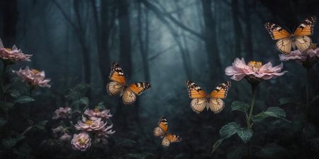 Butterflies on a flower in a foggy forest. Panoramaの素材