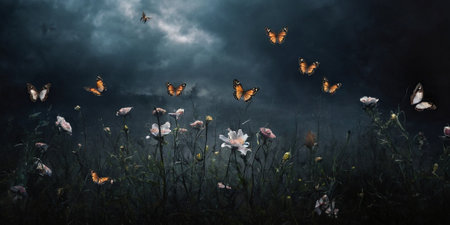 Butterflies flying over a meadow with flowers at night.の素材