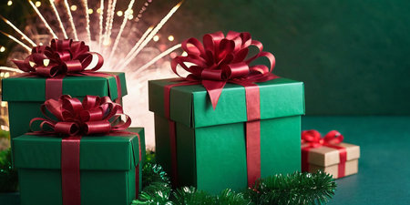 Christmas presents with red ribbons and sparklers on green background.の素材