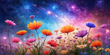 Colorful flowers in the meadow on a background of the night sky with starsの素材