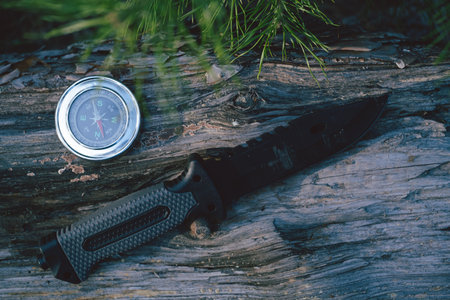 Compass and knife on a log in the forest. Concept of survival.の写真素材