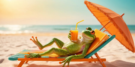 Frog relaxing on sunbed with glass of juice on the beachの素材