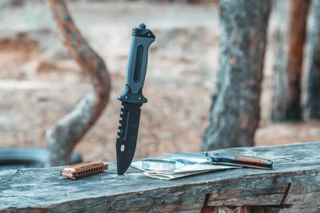 Adventure kit,hunting knife, map, compass, harmonica