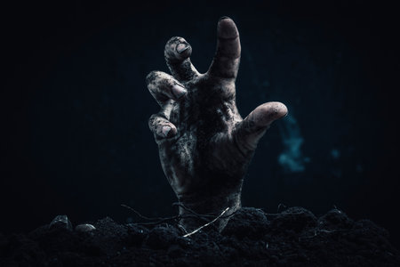 Zombie hand coming out of the ground on a dark background. Horror theme.の写真素材