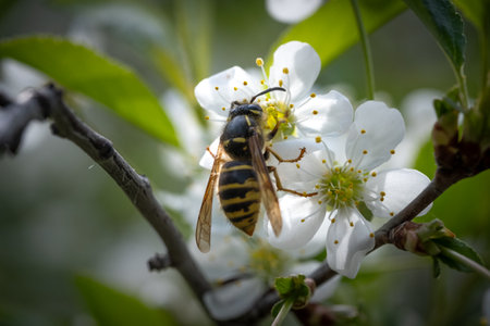 Wasp on a blossom of a cherry tree in spring.の写真素材