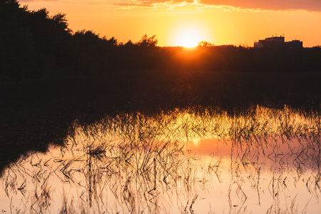 Beautiful sunset over the river with reflection in the water, nature seriesの写真素材