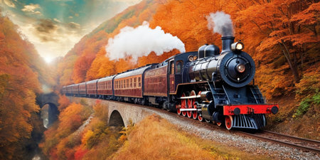 Steam locomotive in the autumn forest. Retro style. 3d renderingの素材