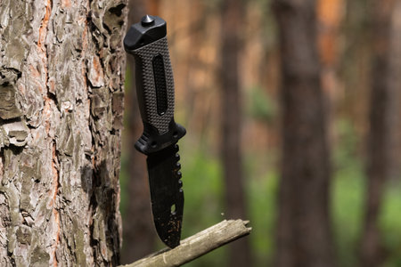Knife on a tree trunk in the forest. Selective focus.