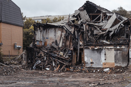 War in Ukraine. Destroyed building in Kiev, Ukraineの写真素材