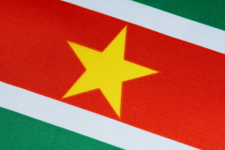 National flag of the Republic of Suriname close-up fabric textureの写真素材