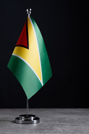 Guyana Flag on a stand against a dark background. National concept.の写真素材