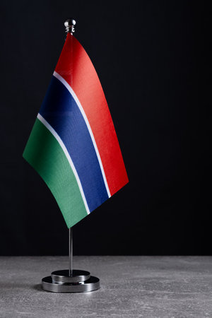 Small flag of Gambia on a metal stand on a black backgroundの写真素材