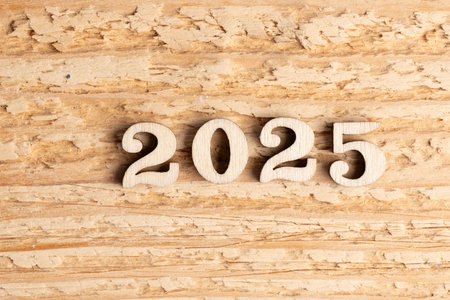 Wooden number 2025 on  wooden background with space for your text.