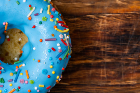 Blue glazed donut with sprinkles on wooden background. Top viewの写真素材