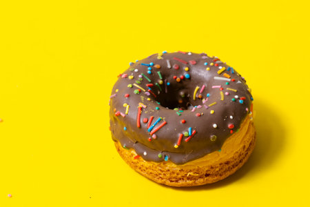 Donut on yellow background, closeup.の写真素材