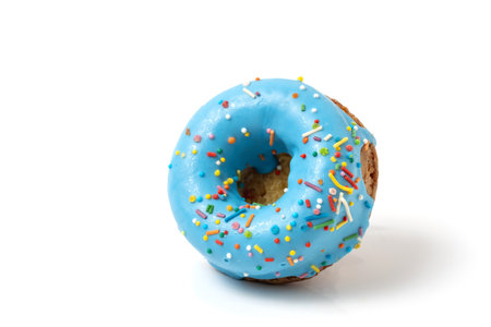 blue glazed donut isolated on white background with clipping path.の写真素材